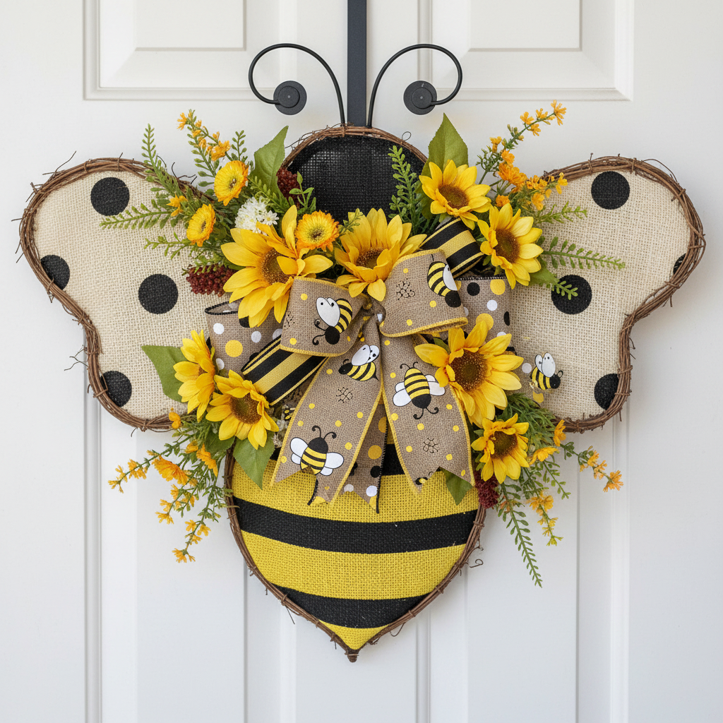 Bee wire wreath frame decorated with yellow sunflowers, black and yellow striped ribbon, and bee ornaments on white door for bee themed decor