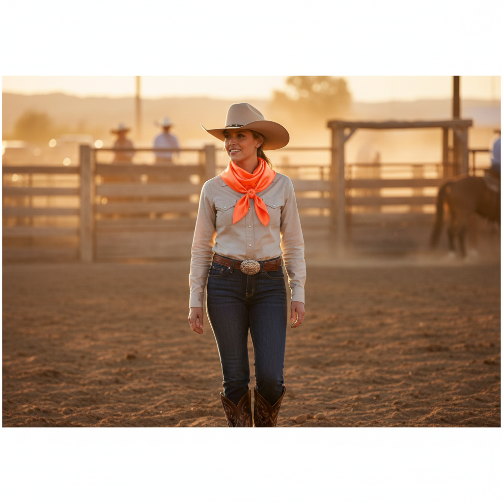 Summer rodeo lifestyle with woman wearing coral orange wild rag scarf at rodeo arena, western outfit