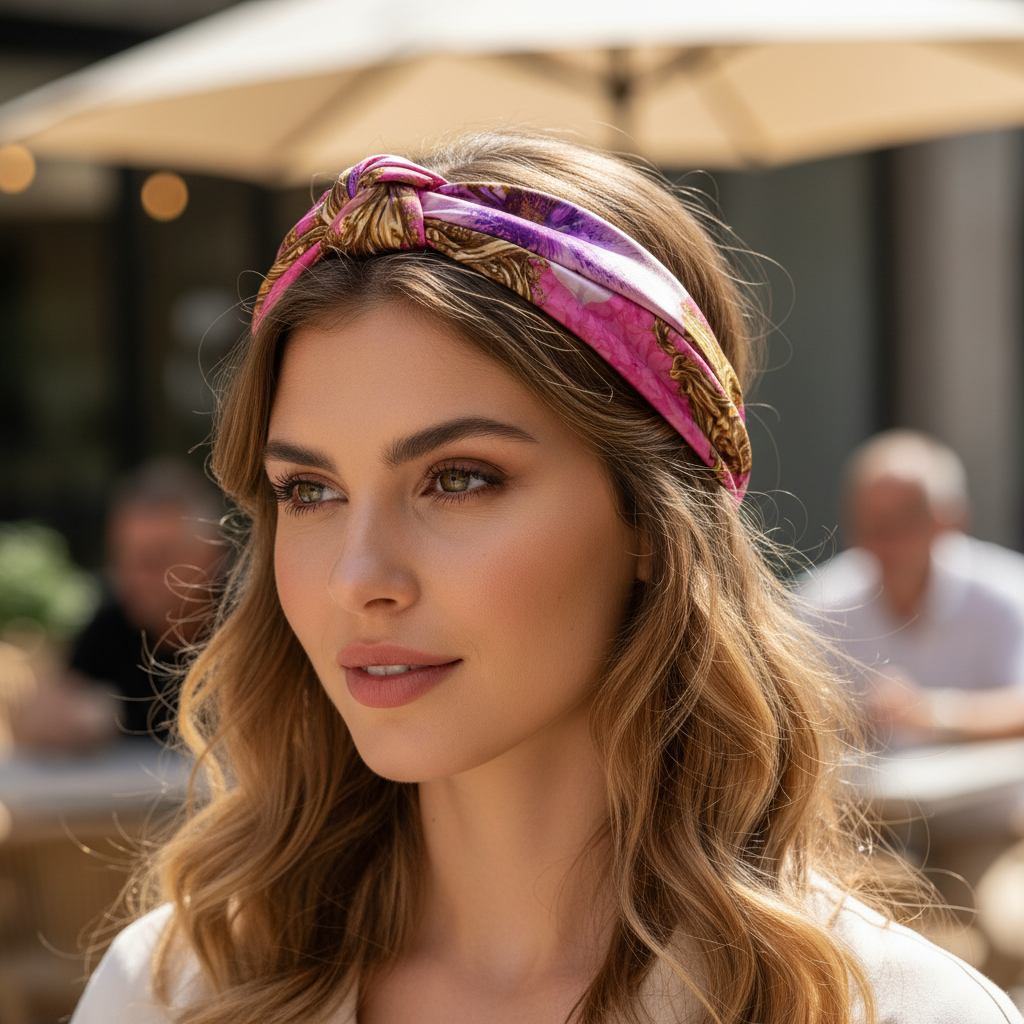 Pink Floral Satin Scarf Styled as Headband 20x20 Orchid Baroque Pattern Hair Accessory
