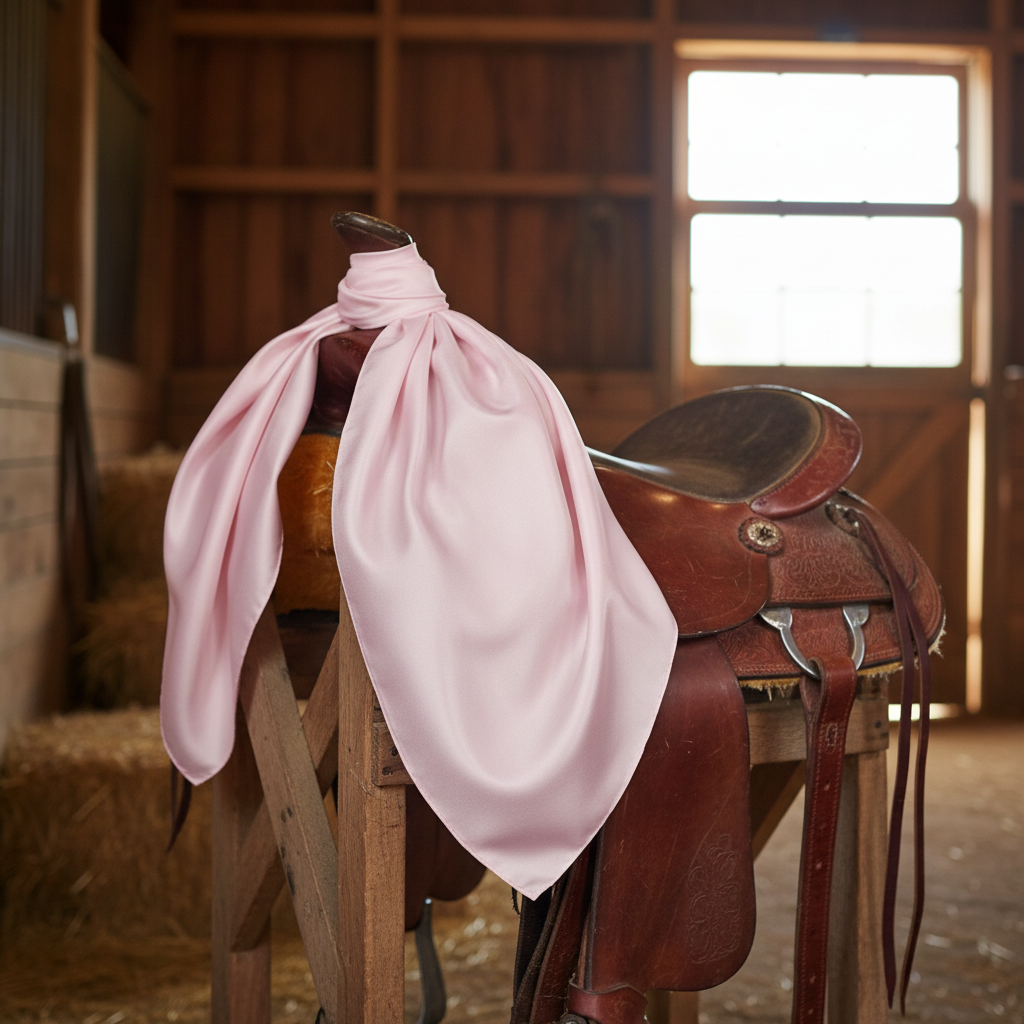 Pastel pink satin wild rag scarf draped over western saddle showing silk-like texture and drape