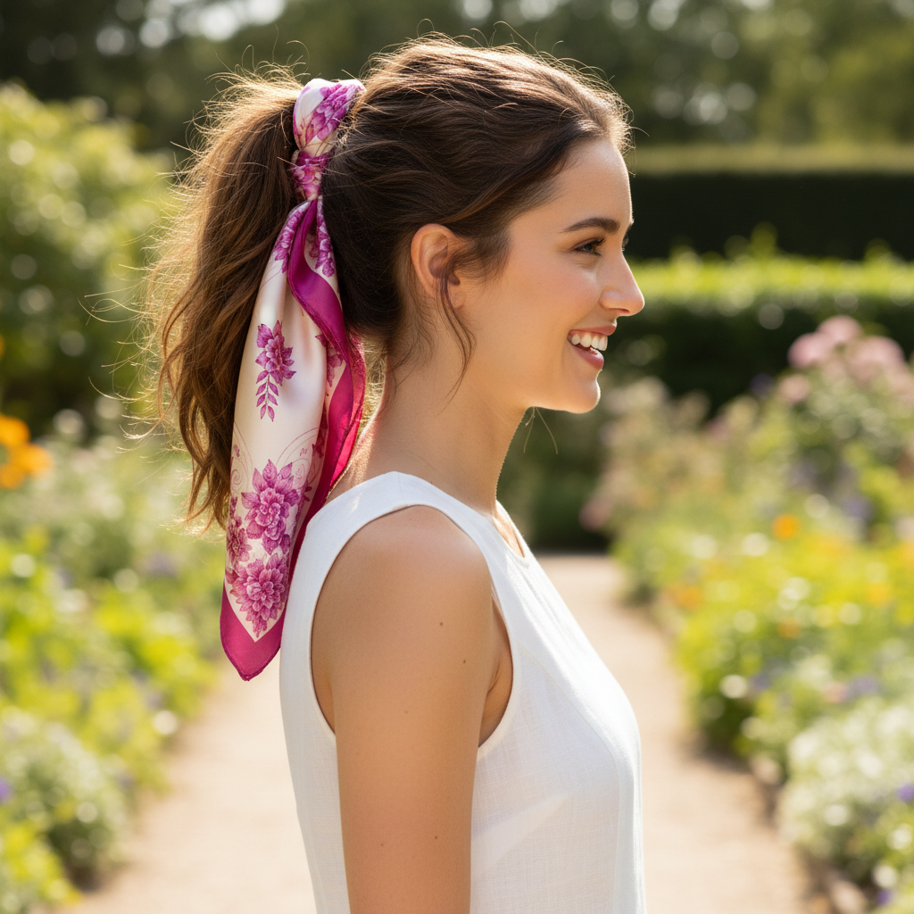 Woman wearing magenta floral satin scarf as hair tie ponytail wrap accessory