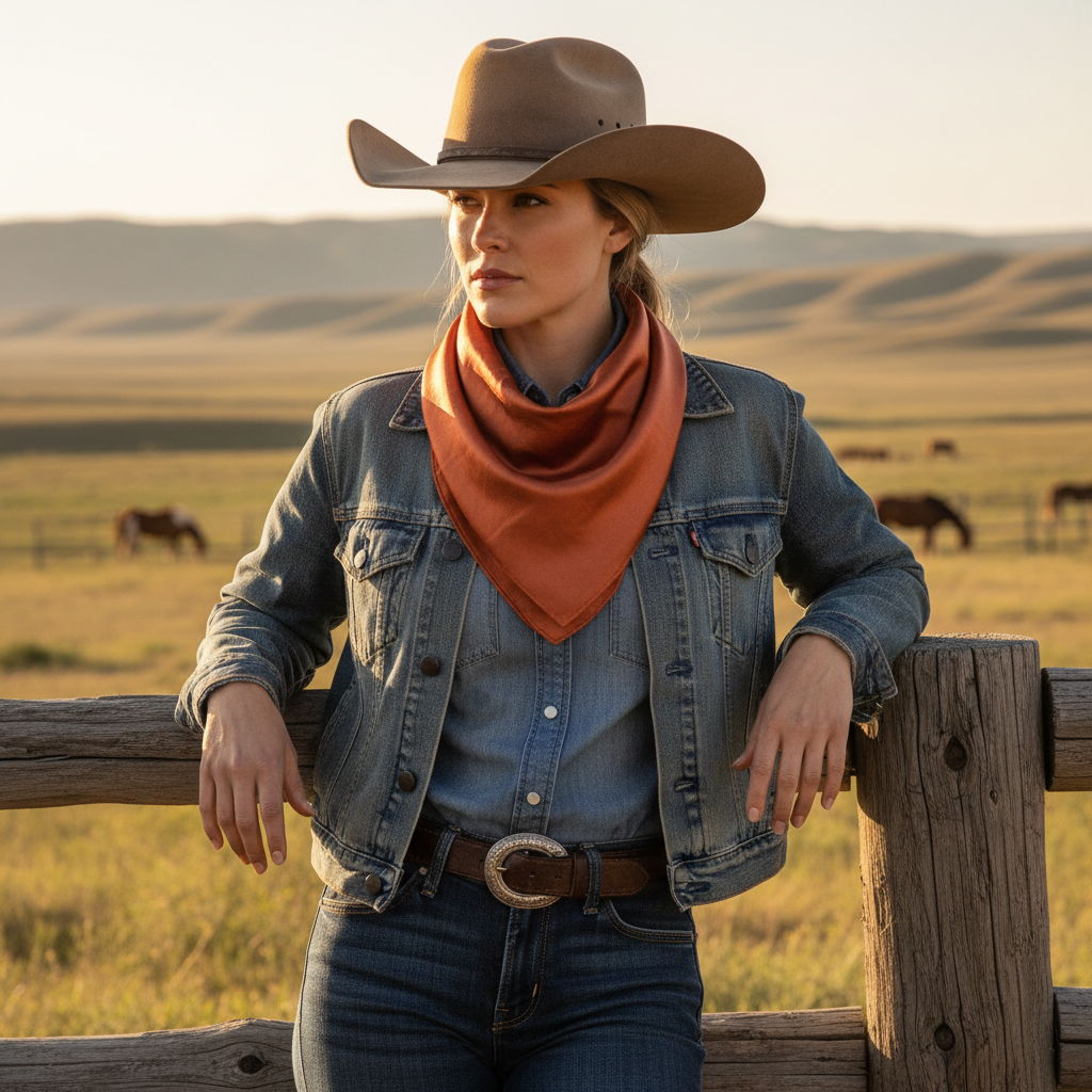 Woman wearing rust wild rag scarf in ranch lifestyle setting with western hat and denim cowgirl outfit