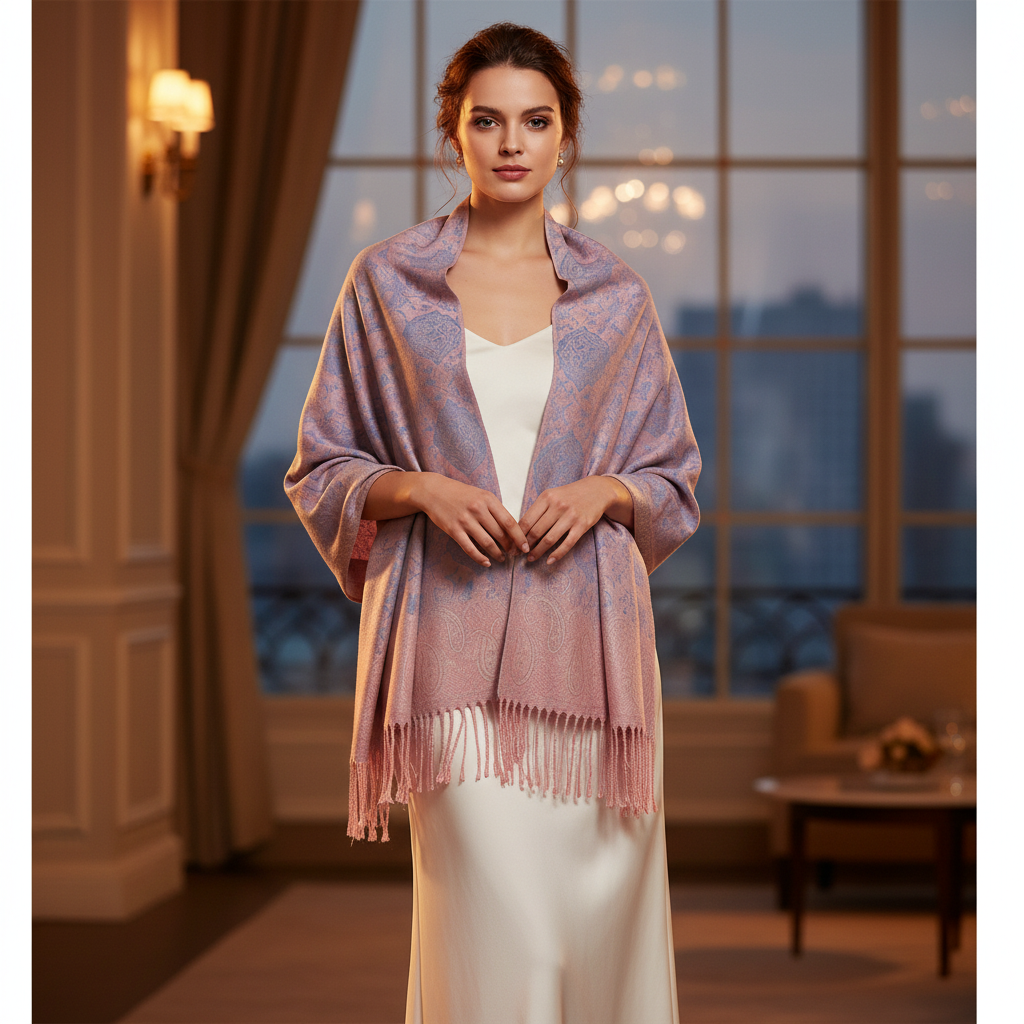Woman wearing dusty blue blush pink paisley jacquard shawl as evening wrap draped over shoulders with white dress