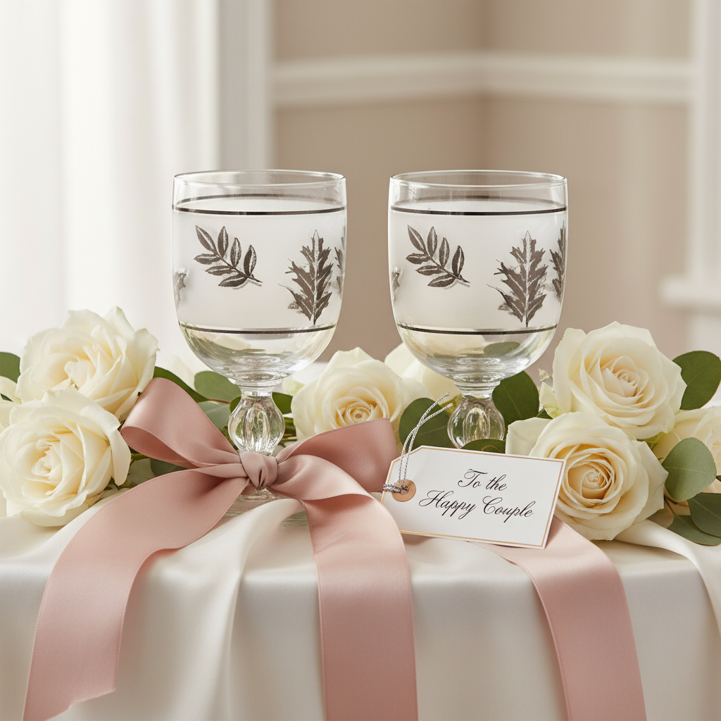 Vintage Libbey frosted silver leaf goblets displayed as an elegant wedding gift with white roses and satin ribbon