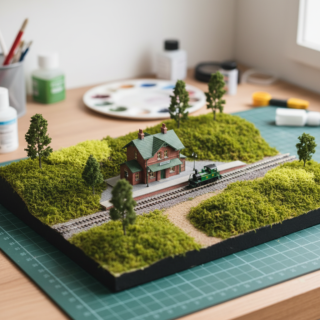 Artificial moss in three shades of green used in detailed miniature model train station diorama with scale buildings tracks and hillsides