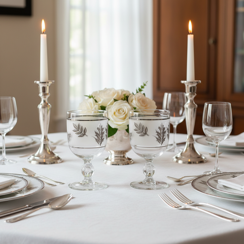 Vintage Libbey frosted silver leaf goblets styled on an elegant romantic dinner table with white linen, candles, and white roses
