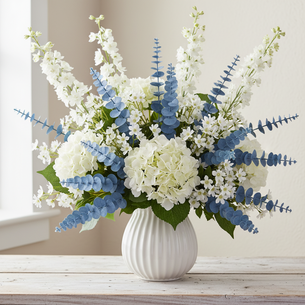 Dusty blue eucalyptus stems in a white ribbed ceramic vase with white hydrangeas, delphinium, and white wax flower in a bright coastal cottage setting