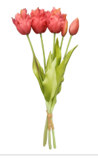 Coral Pink Tulip Bouquet with Purple Tips – 15 Inch Faux Spring Flowers – Farmhouse Cottage Vintage Decor