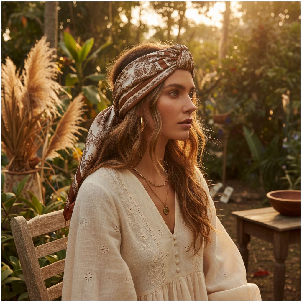 Woman wearing brown beige jungle safari animal wildlife print 35 inch square scarf tied as headscarf headband boho chic outdoor style