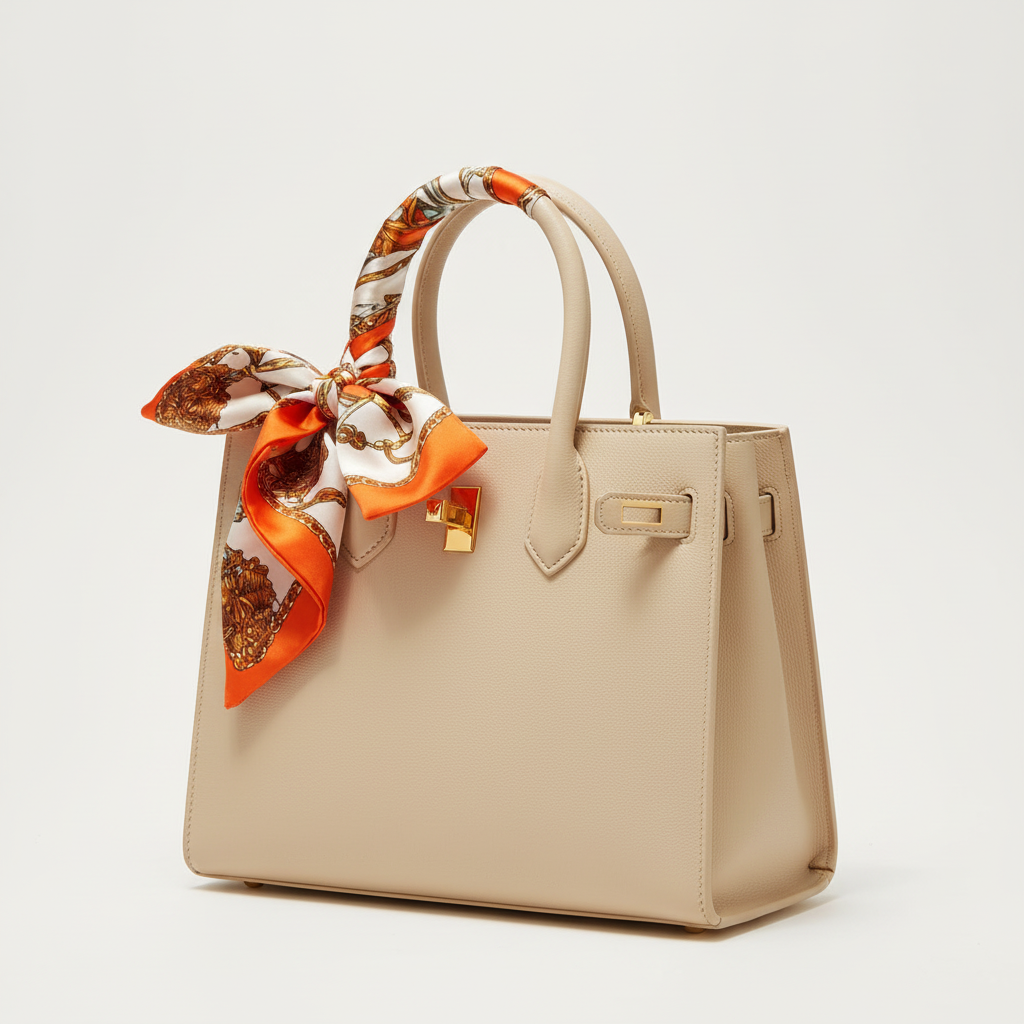 Orange Equestrian Horse Chain Satin Scarf 20x20 Tied as Bag Charm Purse Accessory Classic
