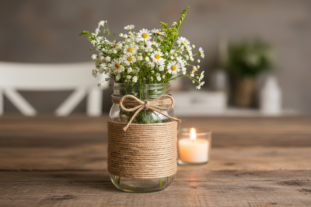 Farmhouse mason jar centerpiece wrapped with natural jute twine bow filled with white wildflowers on a weathered wood table with candlelight