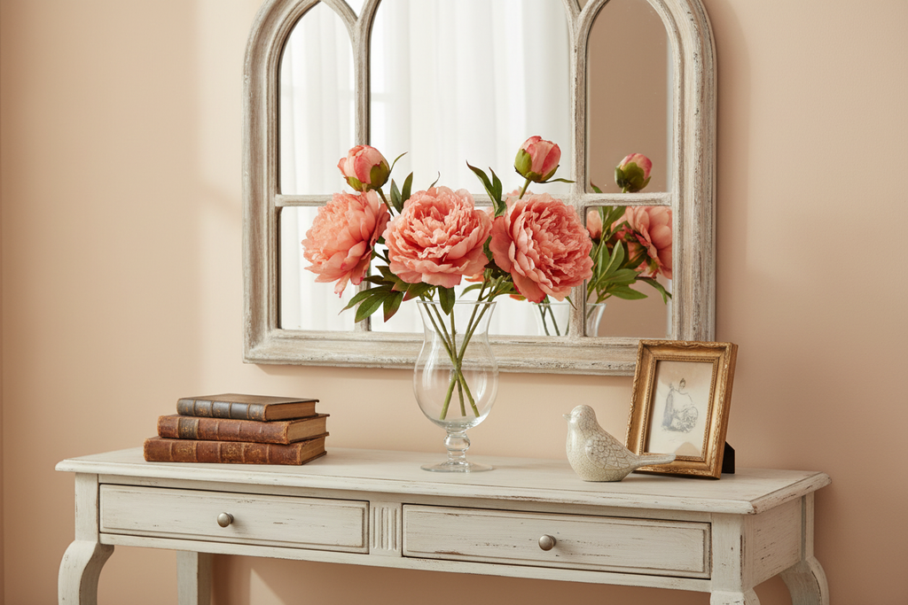 Shabby chic console table styled with peach coral peony arrangement showing bud and bloom with French country decor