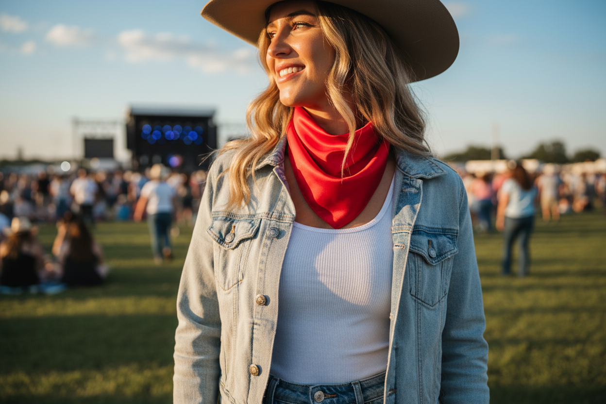 Bright red wild rag tied on cowgirl at sunny country concert with white tank and denim
