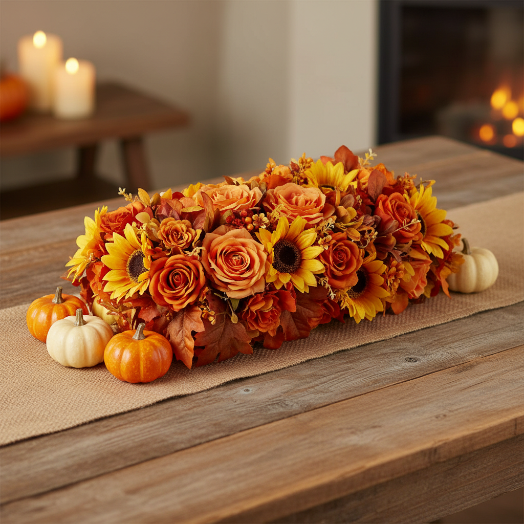 Fall harvest artificial silk orange rose and sunflower rectangular centerpiece on dry floral foam block for Thanksgiving dinner