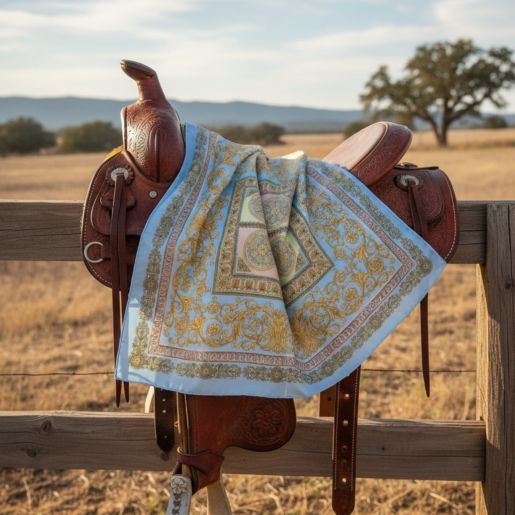 Baroque gold blue satin scarf draped over leather saddle showing 35x35 square shape and ornate pattern