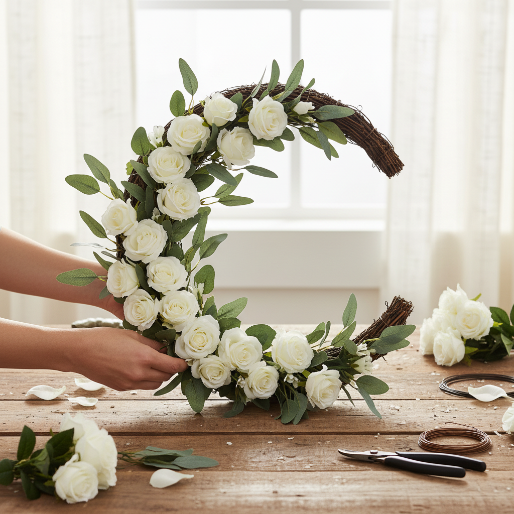 Hands crafting DIY wreath with crescent moon twig base and flowers