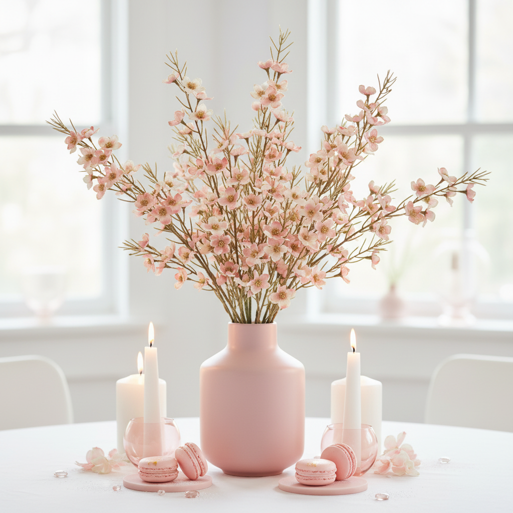 Artificial blush pink dogwood stems in blush vase as elegant bridal shower table centerpiece with feminine pink decor