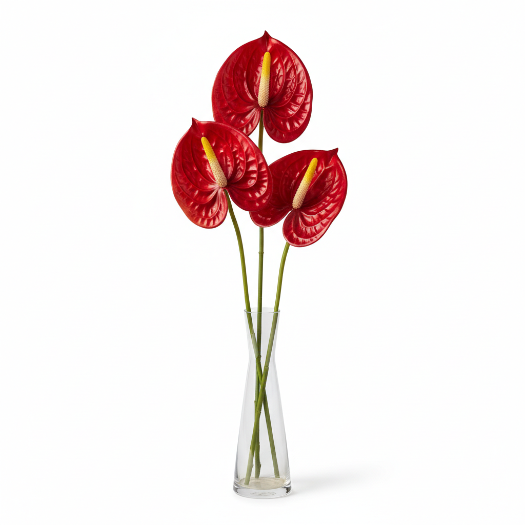 Red artificial Anthurium stems set of 3 in clear glass vase on white background, 23 inch faux tropical flowers with glossy blooms