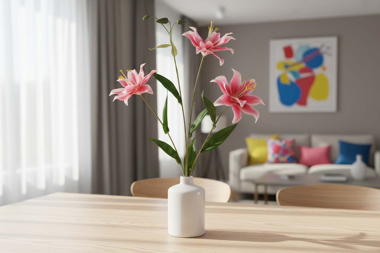 Hot pink lily stems in modern white ceramic vase on light wood dining table, bold colorful home decor