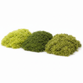 3 color artificial moss set with light medium and dark green faux moss piles on white background