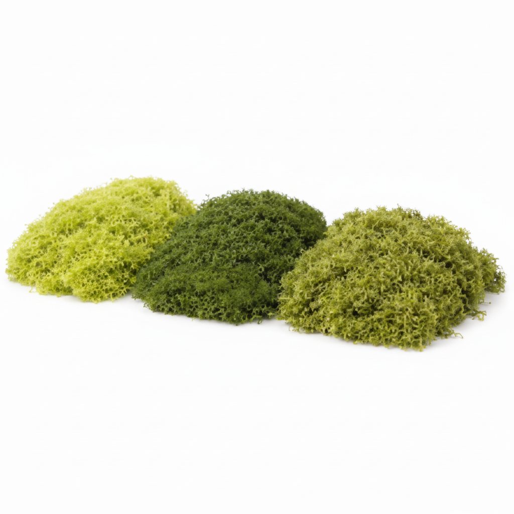 3 color artificial moss set with light medium and dark green faux moss piles on white background