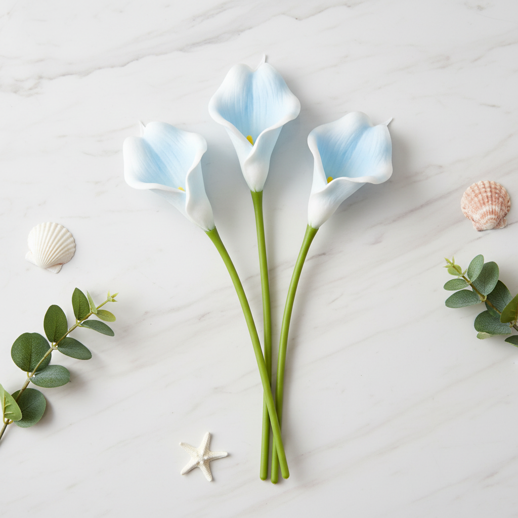 Baby blue and white artificial calla lily stems flat lay on white marble with seashells, starfish, and eucalyptus