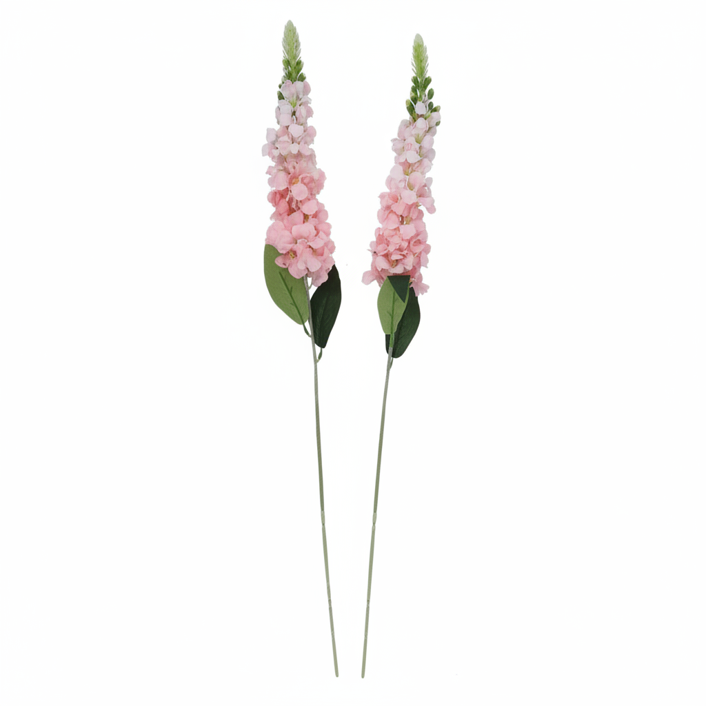Two artificial blush pink snapdragon stems on pure white background