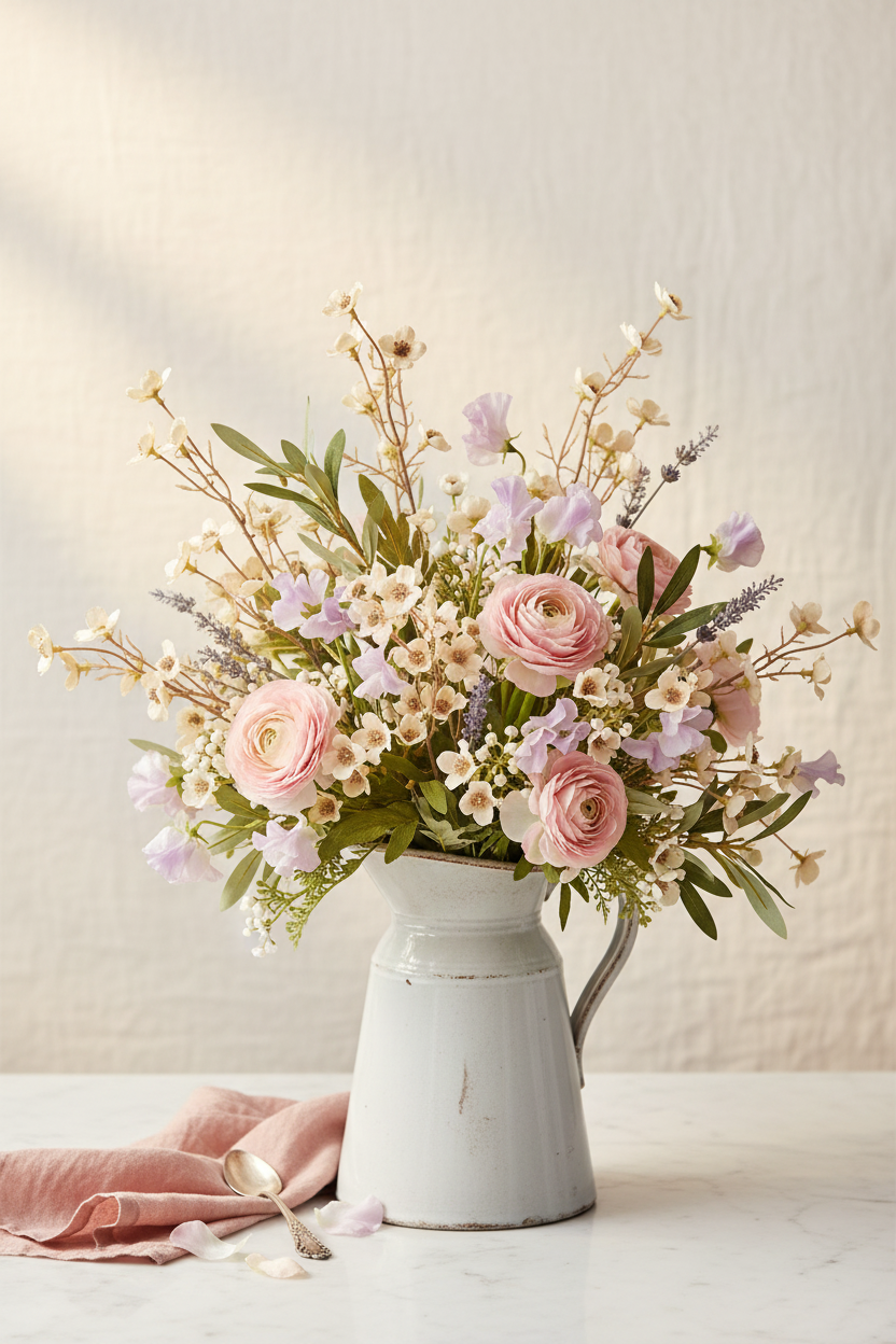Cream beige dogwood wildflower stems with blush ranunculus and lavender sweet pea in vintage French country pitcher on white marble - romantic floral arrangement