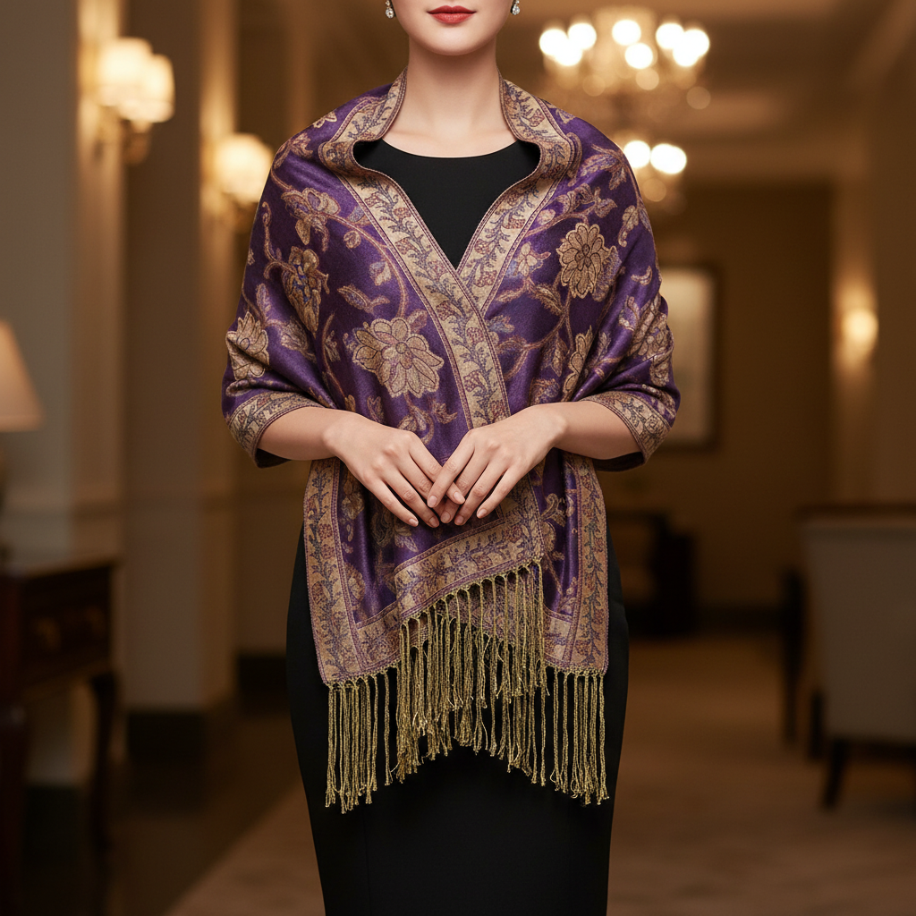 Woman wearing purple gold paisley jacquard shawl as evening wrap draped over shoulders with black dress