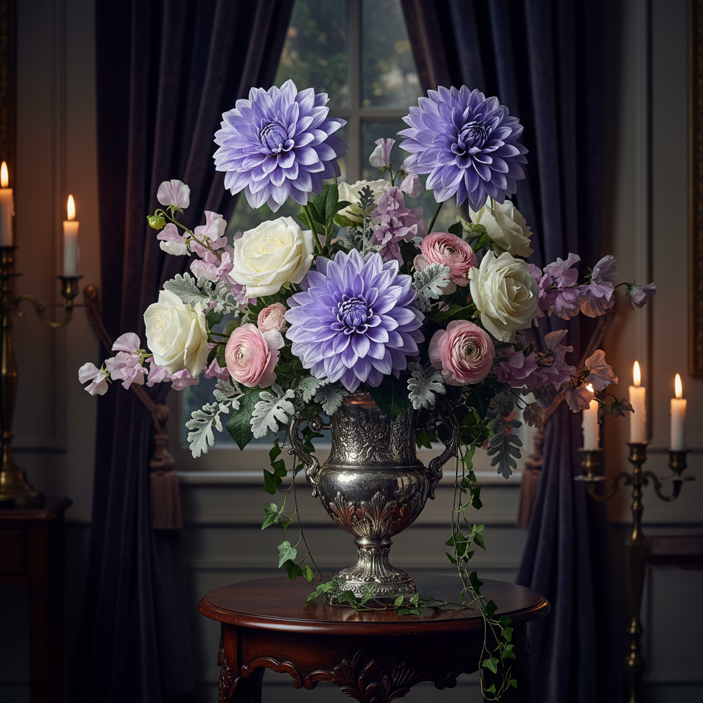 Victorian style floral arrangement with periwinkle dahlia blooms in ornate antique silver urn with roses and candlelit interior