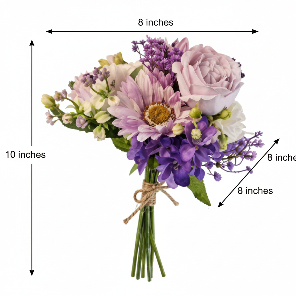 Lavender purple artificial bouquet measurement diagram showing 10 inches high, 8 inches wide, 8 inches deep