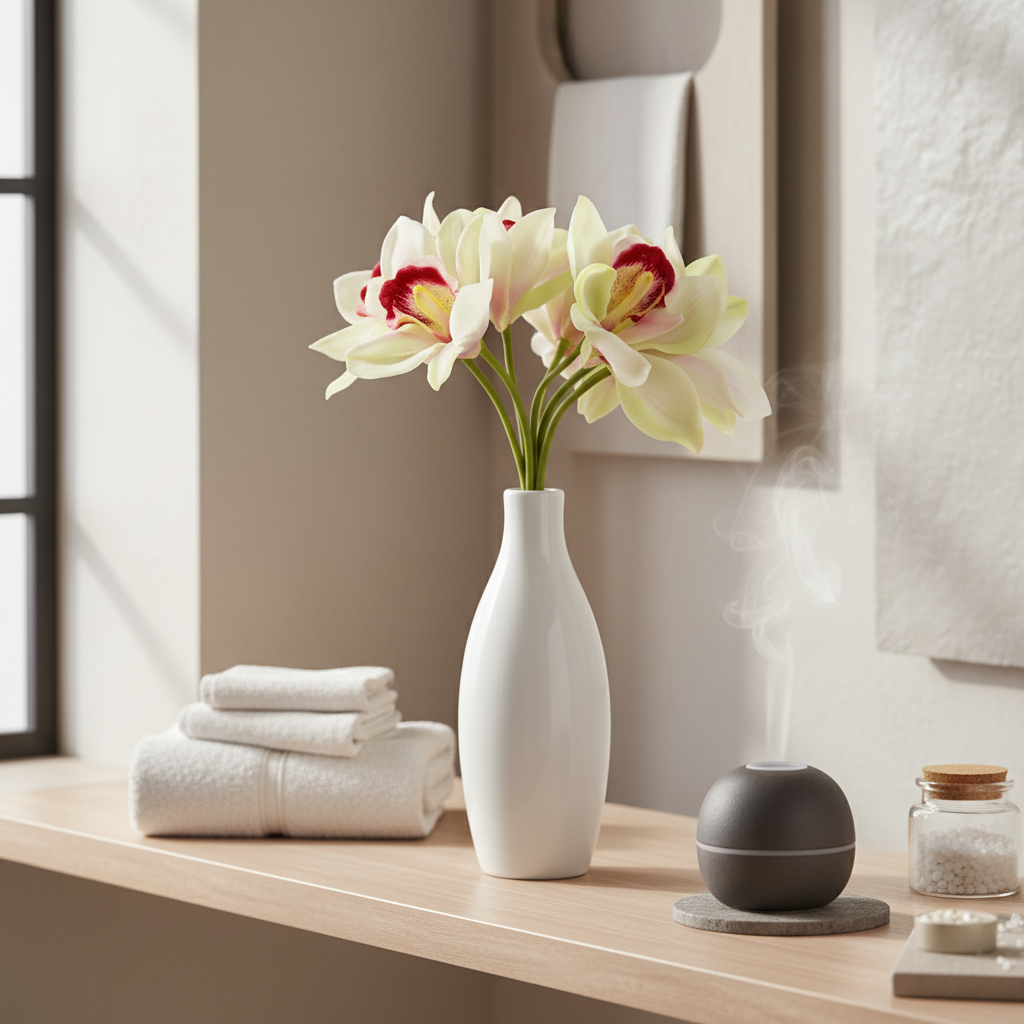 Artificial cream and pale green Cymbidium orchid bouquet with burgundy centers in a white ceramic vase on a wooden shelf in a modern spa boutique setting
