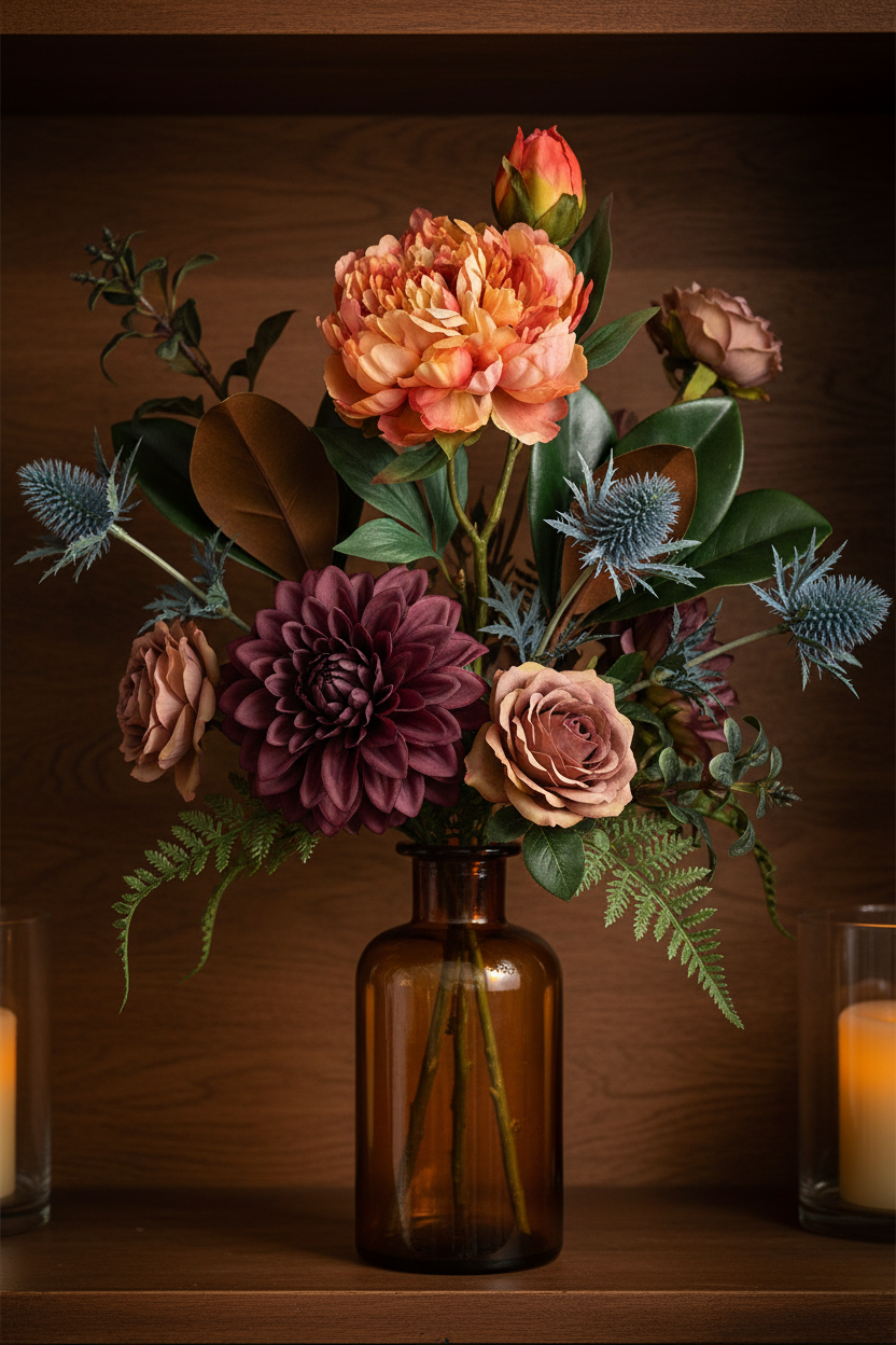 Peach coral artificial peony stem in antique amber apothecary bottle on dark wood shelf, moody fall mantel vignette with plum dahlia and dusty blue thistle accents