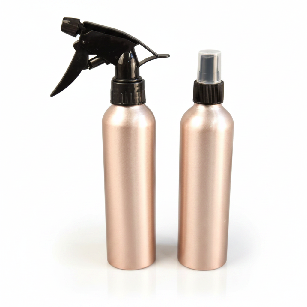 Two rose gold metallic aluminum bottles side by side on white background, one with black spray trigger cap and one with black pump cap, clean studio hero product shot