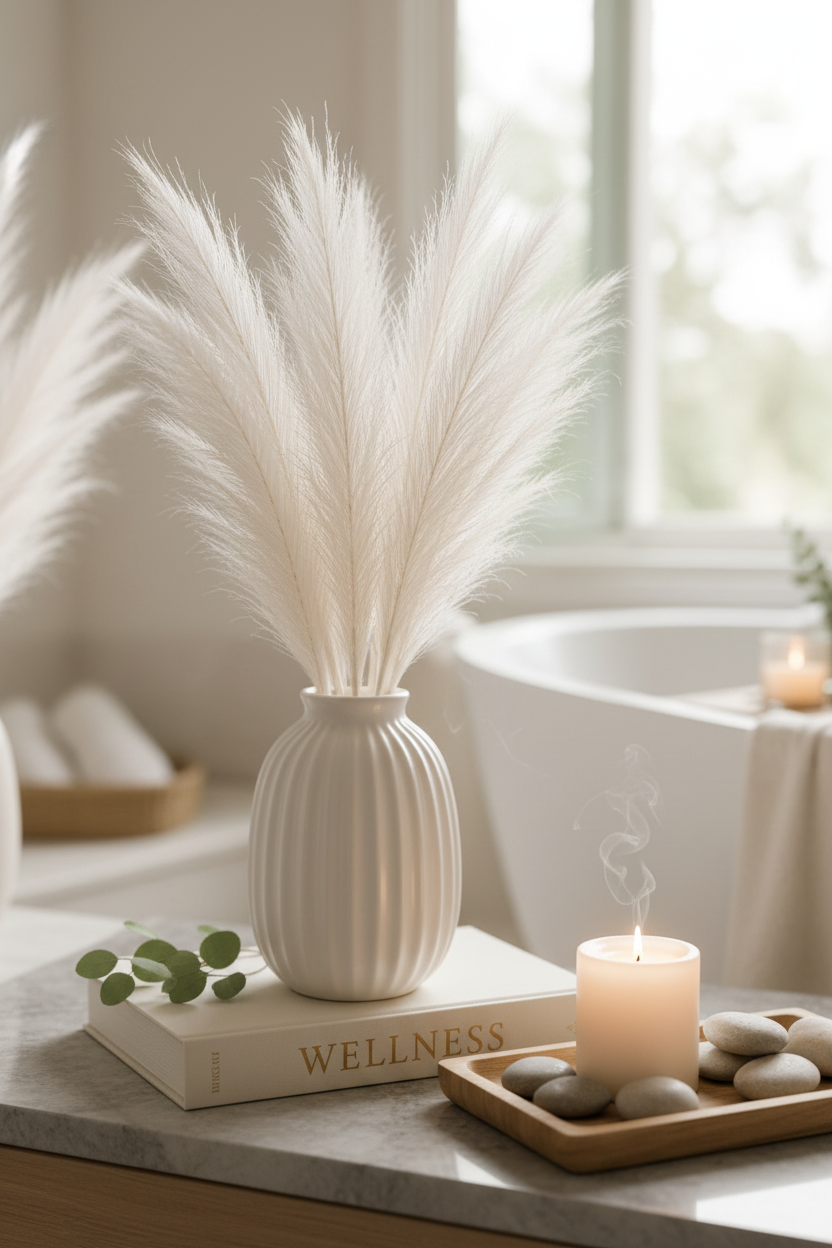 Artificial white pampas grass stems in a white ribbed ceramic vase styled with a wellness book, lit candle, eucalyptus sprigs and natural stones on a marble surface