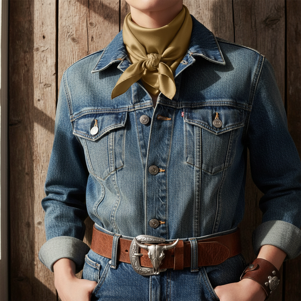 Camel brown silk scarf styled as neckerchief with Western denim jacket and leather accessories