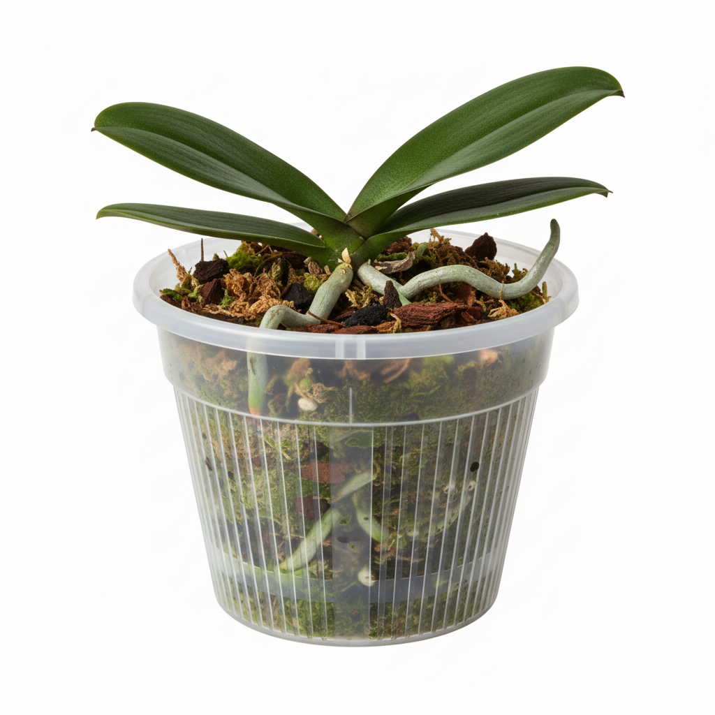 Clear 5 inch slotted plastic orchid pot with open vertical air slits on white background
