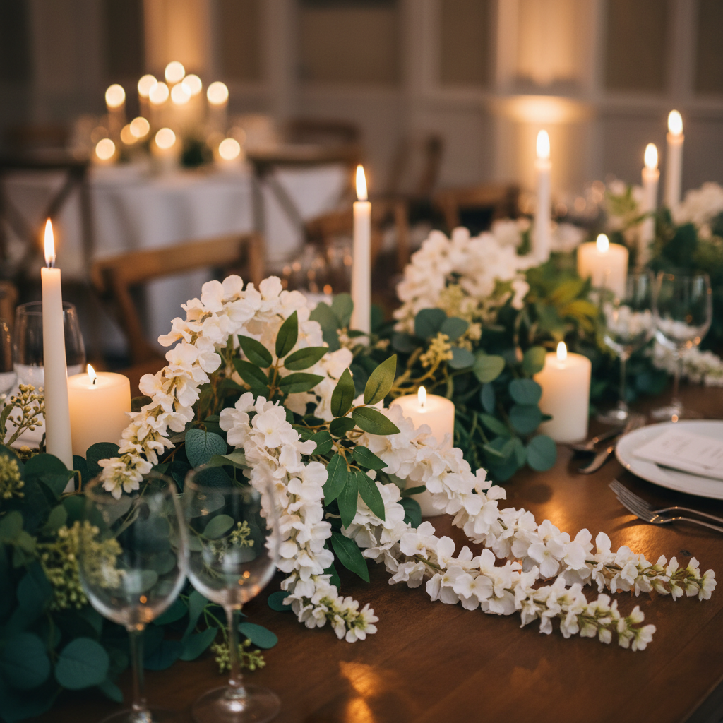 Artificial white wisteria stem draped over a wedding reception table centerpiece with white candles and greenery