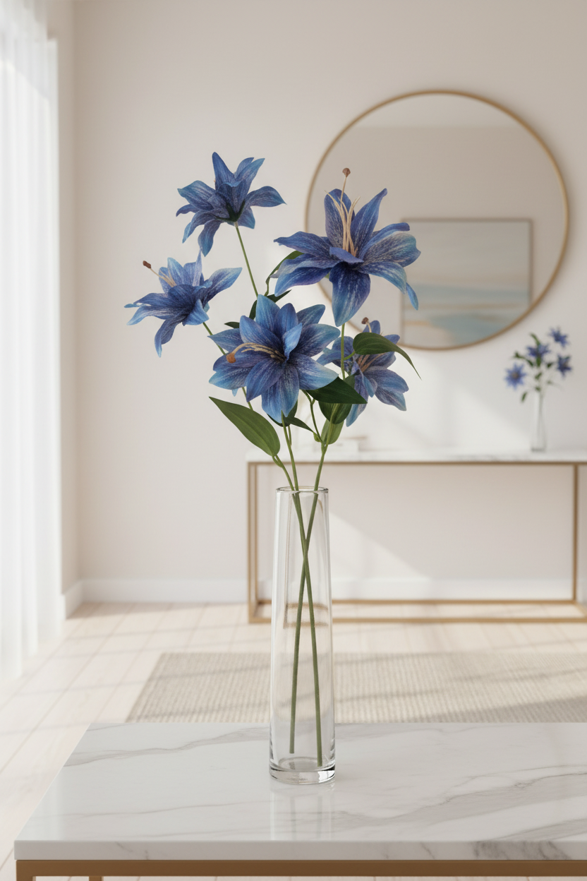 Dusty blue tiger lily stems in tall clear glass vase on white marble console table, coastal modern home decor