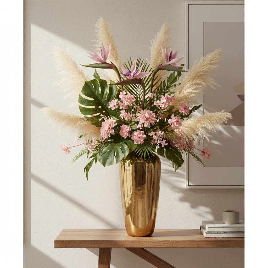 Blush mauve Bird of Paradise stems in statement arrangement with pampas grass and pink flowers in tall gold vase in bright entryway