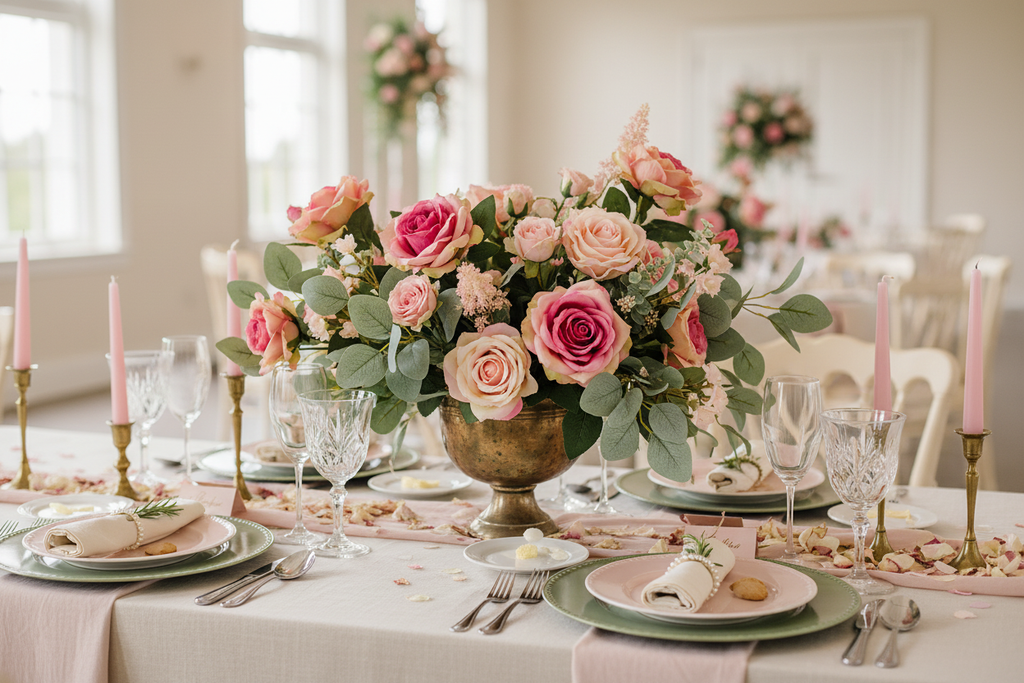 Wedding tablescape centerpiece with artificial pink roses in vintage vase, elegant place setting with ivory linens and blush color scheme