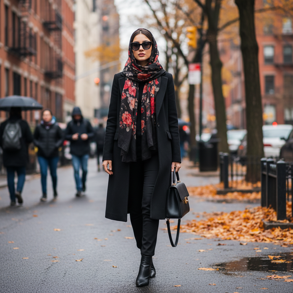 Woman wearing black chiffon red floral scarf as head scarf on city street in fall, tailored black coat, street style