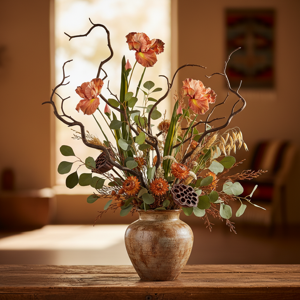Western-inspired arrangement featuring terracotta pink faux iris with natural branches, eucalyptus, and earth-toned dried botanicals in rustic ceramic vase