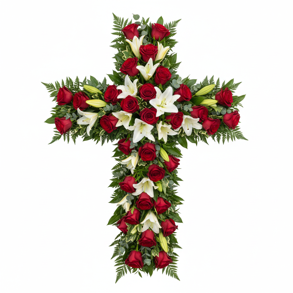 Red rose and white lily cross floral tribute with wire frame hidden by densely arranged flowers