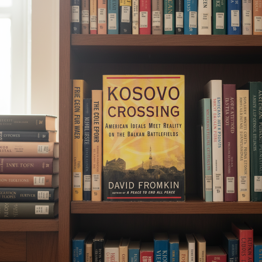 Kosovo Crossing on bookshelf with history and political nonfiction books
