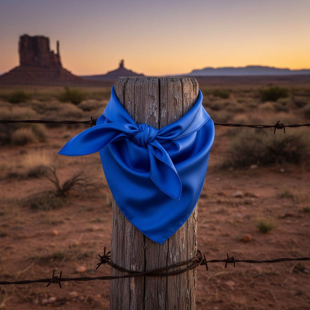 Royal blue satin wild rag scarf draped on rustic fence western ranch lifestyle