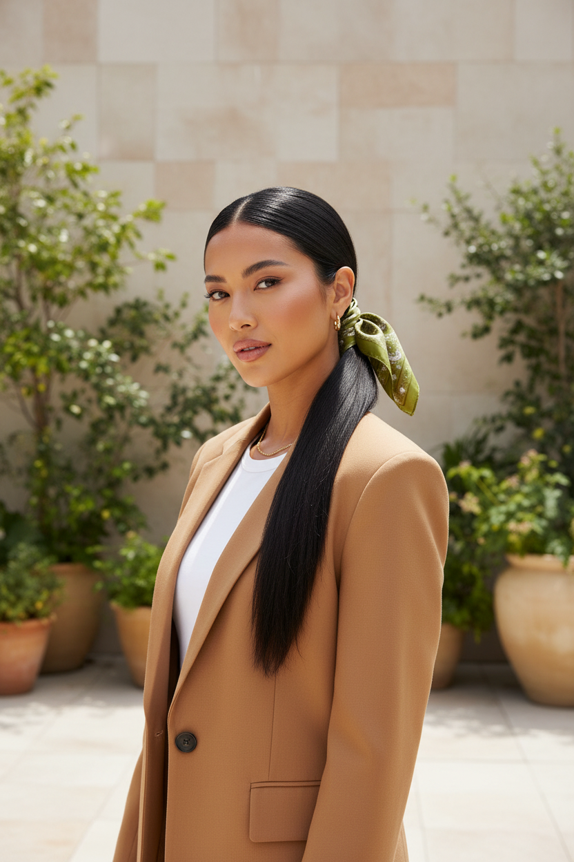 Woman with long black hair wearing olive green satin paisley scarf tied around a low ponytail in a camel blazer on a bright outdoor terrace
