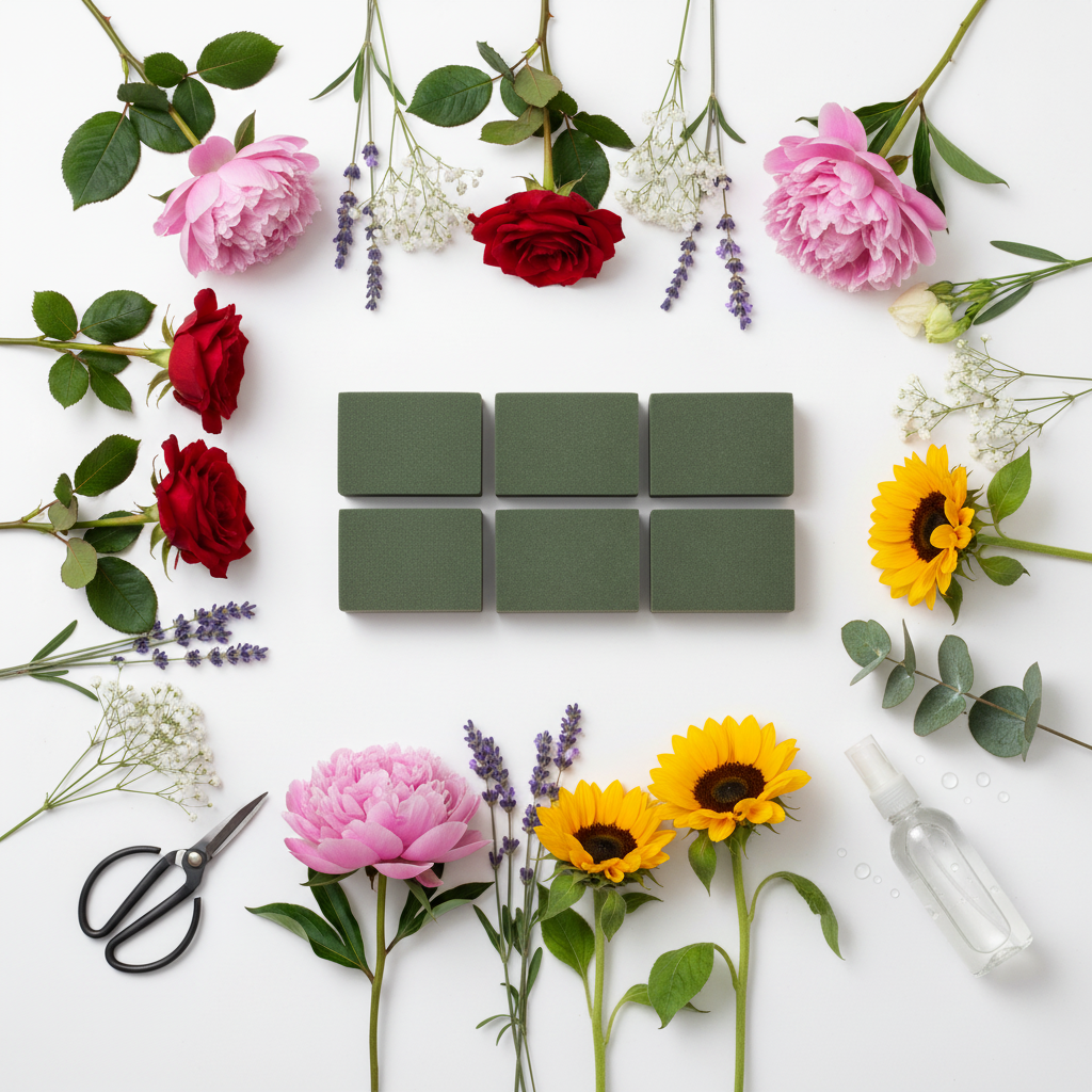 Flat lay of six small green wet floral foam blocks surrounded by colorful fresh flower stems including roses, peonies, lavender, sunflowers and eucalyptus on white background