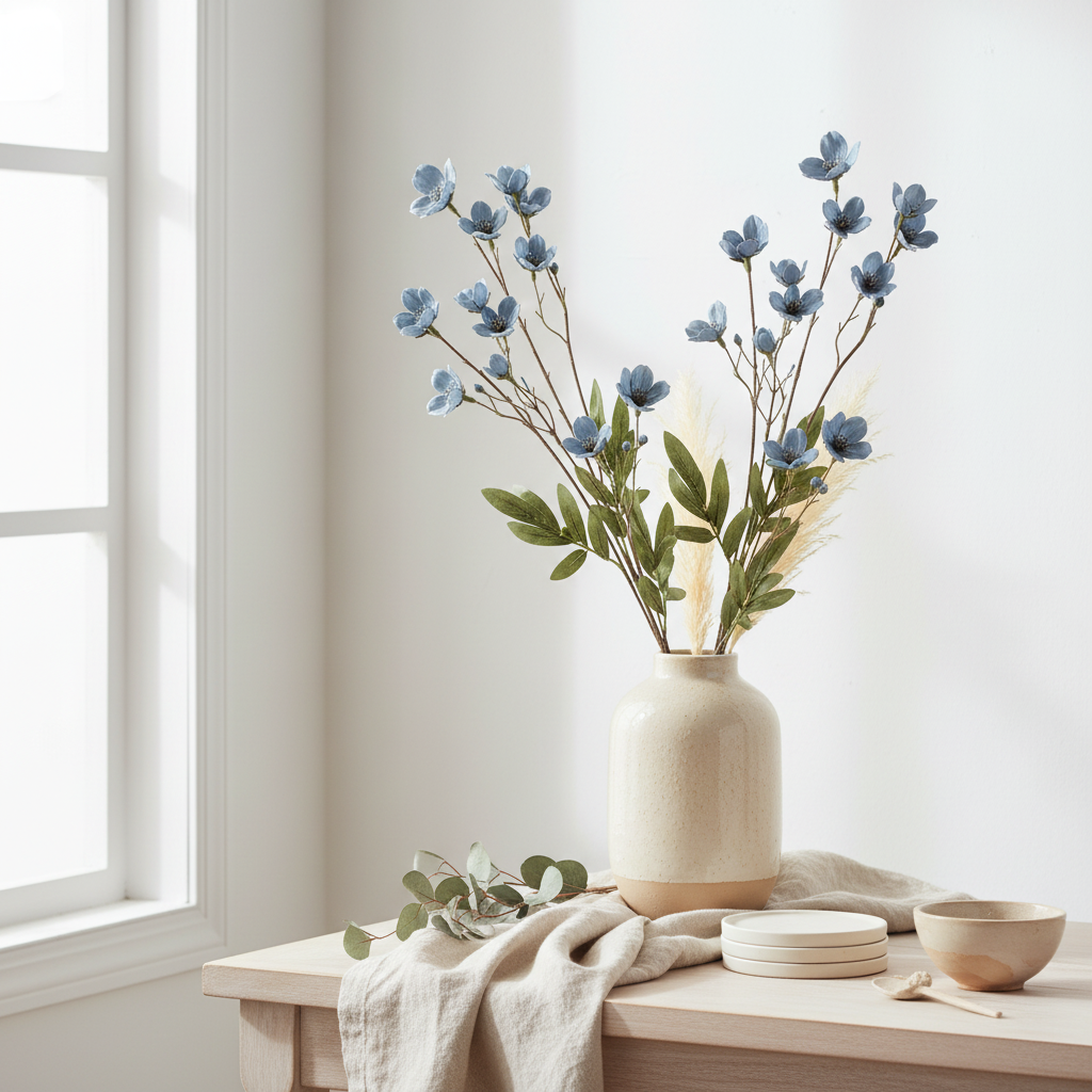 Faux dusty blue dogwood stems in a neutral cream ceramic vase with boho styling, linen, and dried greenery on a light wood surface