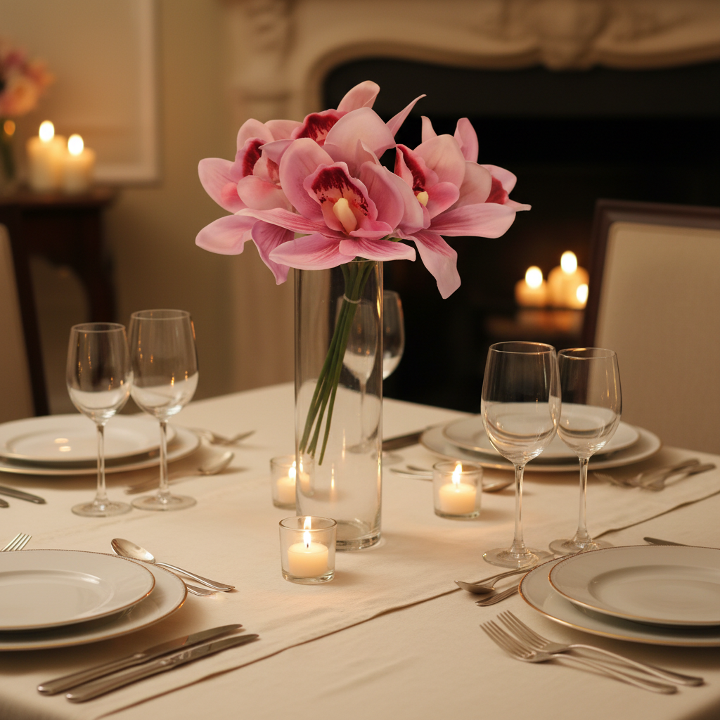 Soft pink Cymbidium orchid bouquet as romantic dinner table centerpiece with candles and elegant place settings